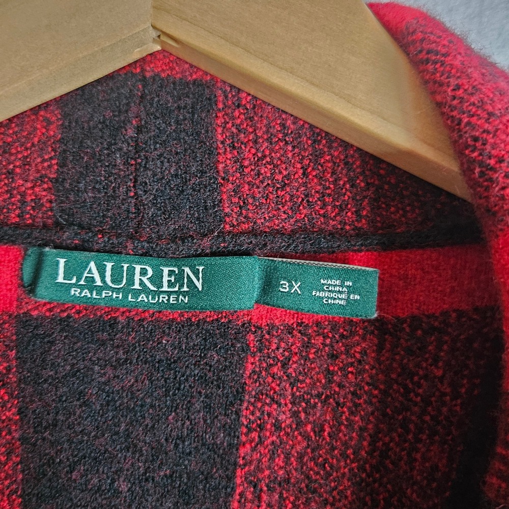 Lauren Ralph Lauren Red Black Buffalo Plaid 100% Wool Draped Cardigan Plus 3X - Picture 3 of 8